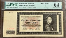 Bohemia & Moravia SPECIMEN 500 Korun 1942 Pick#115 S/N J414888-P, Brandl 64 PMG
