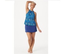 Denim  Co Beach Bright Blue Batik High Neck Tankini  Skirt Swimsuit New