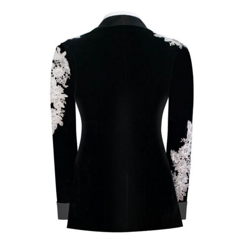 Men's Black Velvet Suit Jacquard Rhinestone Fashion Design Casual Party Blazer - Picture 3 of 22