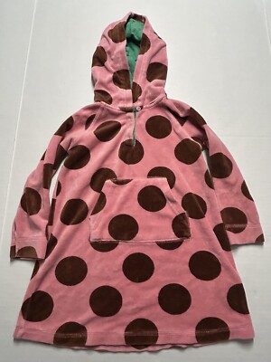 Mini Boden Dress Sz 3/4 Coverup Girls Velour Hoodie Pink Brown Polka Dot
