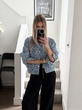 Mango Denim Jacket Size M Blue Tiger Zebra Animal Print Cotton Oversized RRP £60