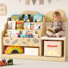 4-in-1 Wooden 3-Tier Kids Bookshelf with Reading Nook Cushioned Bench Seat, M...