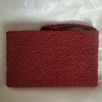 Red HAND Beaded Wristlet Clutch with Zip Closure
