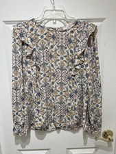 NWT LOFT White Floral Ruffle Long-Sleeve Blouse with Blue  Mustard Size XS