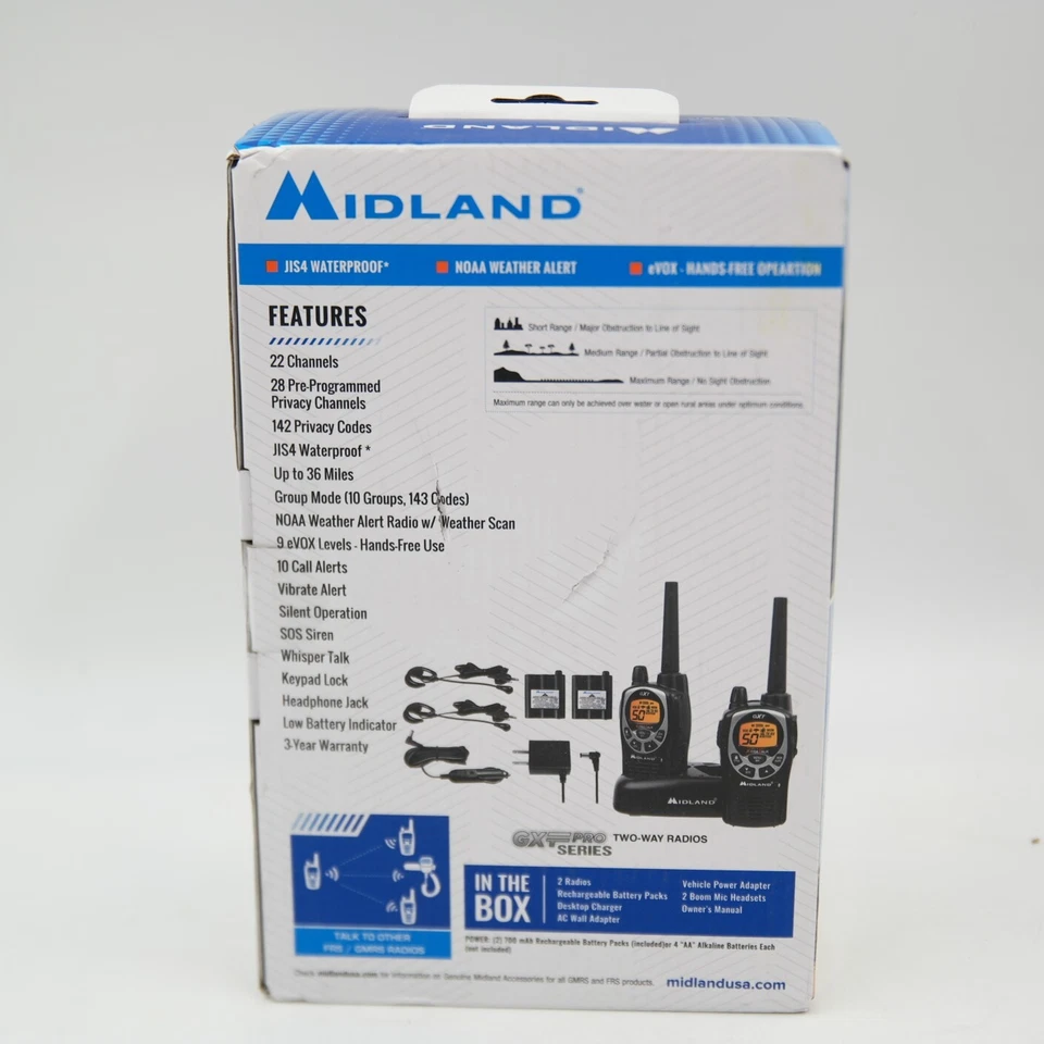 Midland GXT1000VP4 Two-Way Radio 36Mile, 50Channel FRS/GMRS, Black/Silver NEW - Image 3 of 4