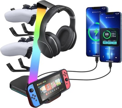 RGB Gaming Headphones Stand with 10 Light Modes 4 Controller Holder with 1 USB