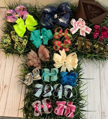 Taylormadecustombows Lot Of 22 Hair Bows Solids Prints Dots Chevron Glitter New