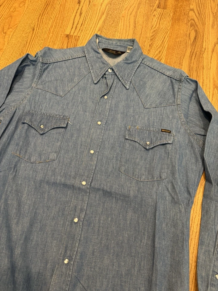 Vintage Sears Roebucks Pearl Snap Denim Shirt Men's Size Large Tall Western Vtg - Image 2 of 4