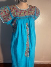 1970s Oaxacan Mexican Huipil Dress turquoise Cotton Embroidered maxi vtg dress