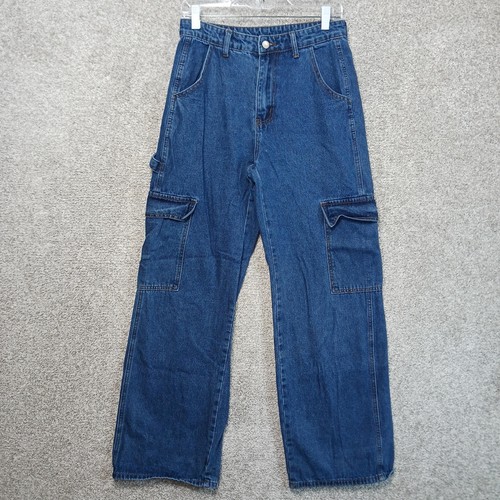 Shein Cargo Pocket Straight Leg Jeans Womens 6 Blue Med Wash High Rise 29x31