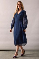 Wallis Womens Fit Flare Dress Navy Lace Long Sleeve Midi Spring Summer