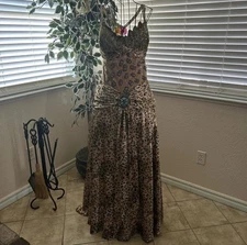 VTG Y2K Womens Rhinestone Embellished Leopard Formal Satin Maxi Dress Gown Sz XL