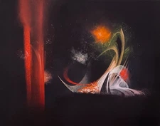 Original surrealist landscape, 16x20 stretched canvas, vibrant colors, signed.