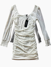 Zattcas White Solid Ruched Mini Dress L Long Sleeve Square Neck Short