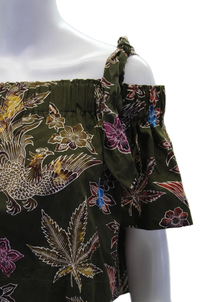 Sandro Mujer Seda Estampado Floral Fuera del Hombro Blusa Pantalón Conjunto Verde Algodón Si Foto 3 de 4