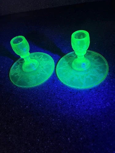 Uranium Green glass Vintage Anchor Hocking Cameo 'Ballerina' Set of Candlesticks