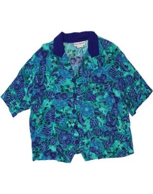 VINTAGE Damen Kurzarm Shirt Bluse US 16 2XL blau Blumen Viskose AI01
