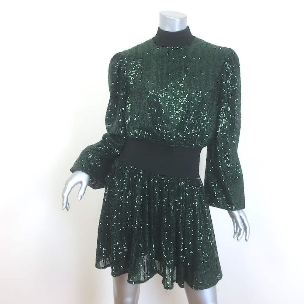green balmain dress Sequined Puff Sleeve Mock Neck Mini Emerald Size 40 DROP_AUG24-D1