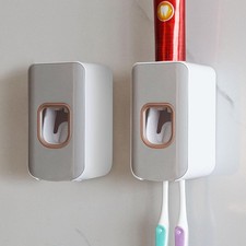 2 Slot Toothbrush Holder and Toothpaste Dispenser Wall Mounted, Automatic Too...