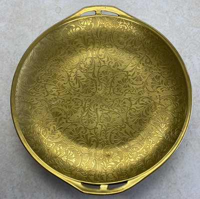 OVINGTON'S ETCHED GOLD PORCELAIN ROUND HANDLED DISH LEAVES & SCROLLS #126-3
