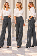 ZARA Gray High Rise Wide Leg Pleated Pants Contrast Side Trim Size Small