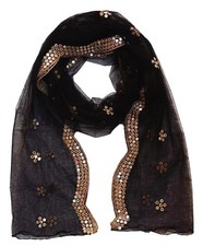 Women's Black Scarf Dupatta Wrap Shawl Embroidered Embellished Net Stole Chunni