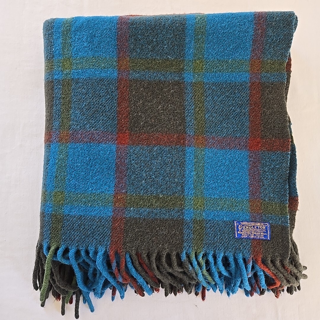 Vintage 60s Pendleton Wool Throw Blanket Teal Plaid 48x58 (66 w