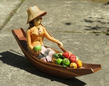 Vintage Thai Floating Market Boat & Fruit Seller Handcrafted Wooden Figure