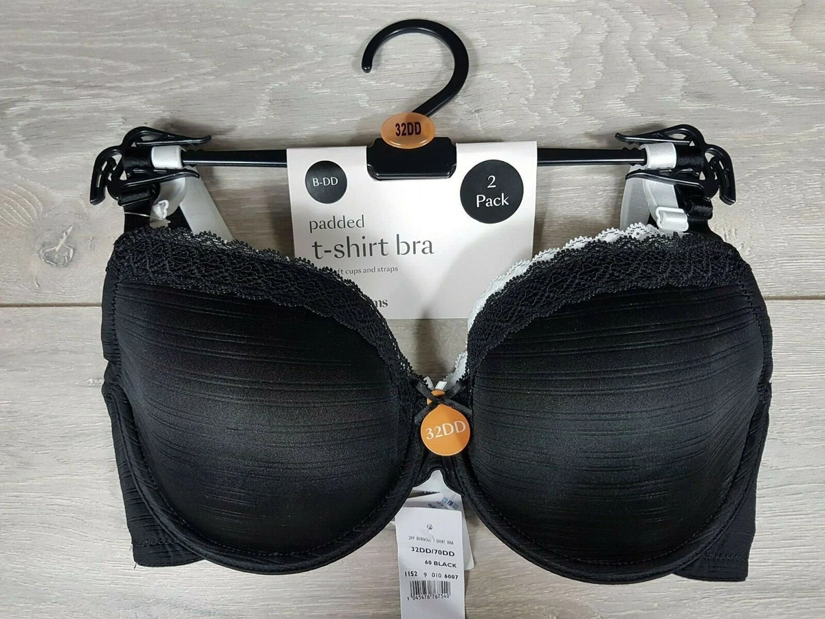 2 pack Debenhams T-shirt Padded Bra Soft Cups Black White UK 32DD EU 70DD  B132