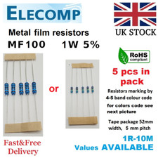 Image of 1W Metal film Resistors 5% All Values(1R-1K-1M) 5 in Pack Free P&P UK stock