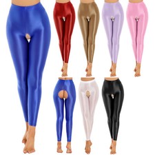 Womens High Waist Control Top Tights Shiny Pantyhose Silky Crotchless Stockings