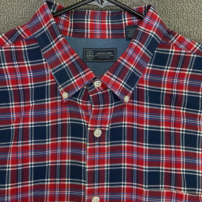Arrow Shirt Mens XL Red Blue White Plaid Button Up Long Sleeve Casual