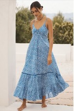 Maxi Vestido Anthropologie Ro's Garden Motivo Azul Tatiana Vacay Preppy Pequeño Nuevo con Etiquetas