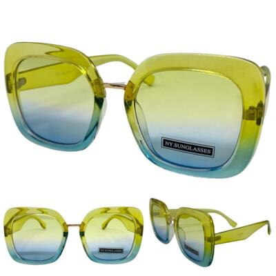 Oversize Classic Vintage Retro Style SUNGLASSES Large Square Yellow & Blue Frame