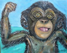 CHIMP CHAMP  baby chimpanzee painting 16x20 canvas original art signed CROWELL 