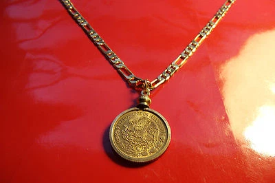 MEXICAN Golden Brass Eagle Coin Bezel Pendant 24" Gold Filled Figaro Chain