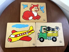 Vtg Wooden Childrens Puzzles Cat, Airplane, Farm Tractor Cow, Made by PUDU Chile