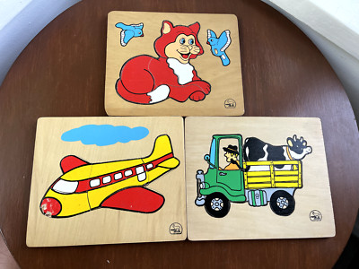 Vtg Wooden Children's Puzzles Cat, Airplane, Farm Tractor Cow  by PUDU Chile SET