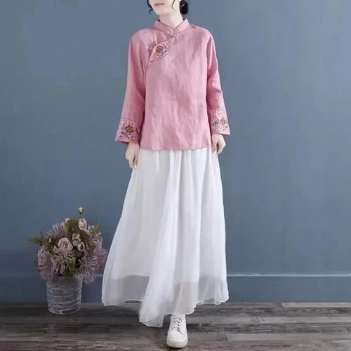 Blusa Camisa Mujer China Bordada Floral Cuello Mandarín Retro Top Étnico - Imagen 7 de 19
