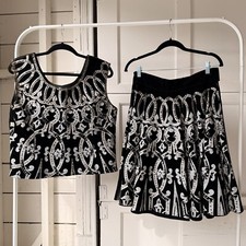 Vintage 1950s Mexican Hand Painted Silver Sequin Velvet Set Top Skirt Large VLV