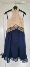 LITTLE MISTRESS CREAM & NAVY BLUE EMBELLISHED BEAD HALTER NECK FLOATY PROM DRESS