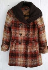 Vtg Etam Paris Wool Blend Brown Red Plaid Peacoat Sweater Neckline Coat 38 6 - 8