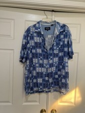 Nat Nast Luxury Men  s XL Blue Square Button-Up Silk Lounge Hawaiian Camp Shirt