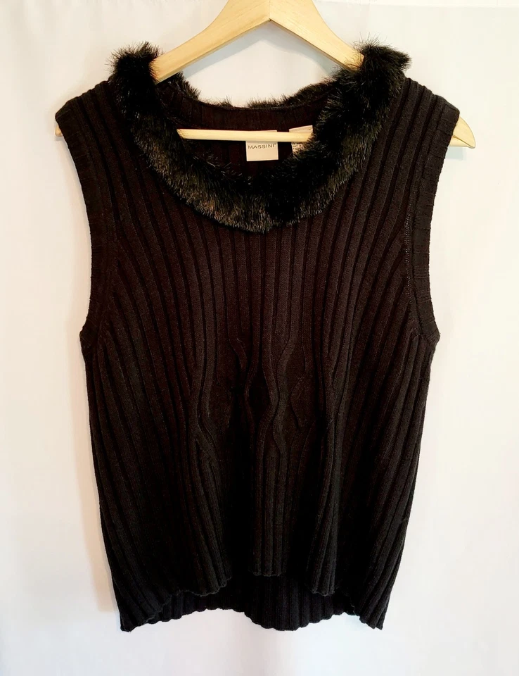 Vintage Women's Black Fur Trim Sweater Tank Top Vest L / XL ☆ MOB WIFE - Image 3 of 4