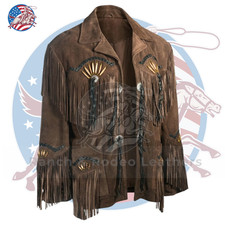 Mens Brown Suede Native American Fringe Leather Jacket Beaded Western USA