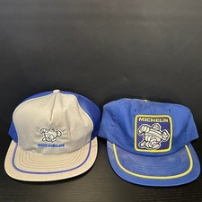 Vintage Michelin Man Bibendum Hat Lot Trucker Mesh Snapback Blue Gray 2pc Set