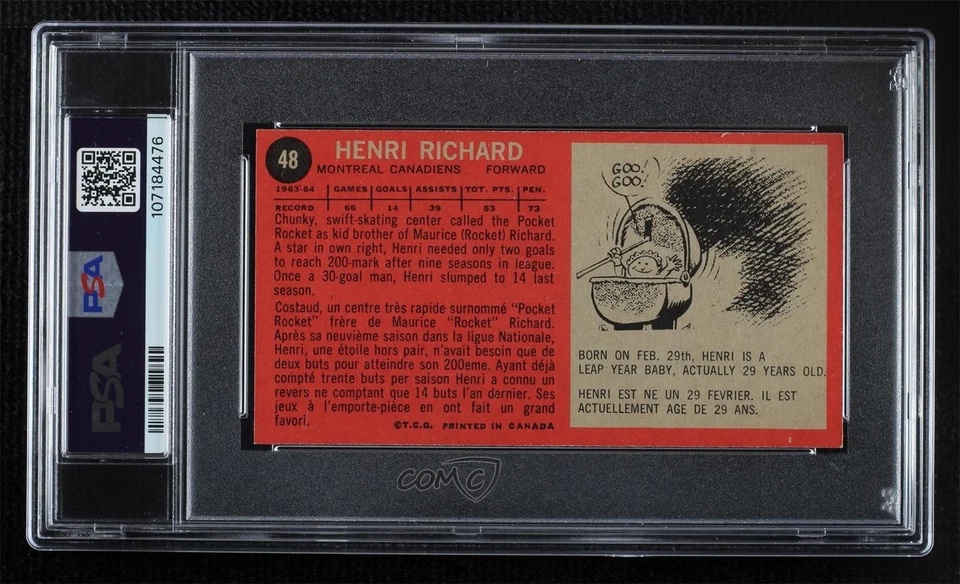 1964-65 Topps Henri Richard #48 PSA 8 (OC) HOF - Image 2 of 2