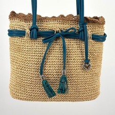 Brighton Straw Tote Bag Medium Turquoise Leat...