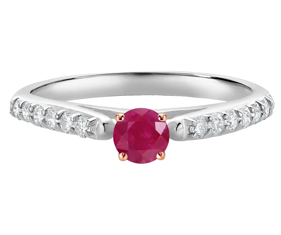 Anillo de compromiso de oro de dos tonos de 10 quilates de 0,44 quilates de corte redondo de rubí y piedras preciosas de moissanita Foto 4 de 4