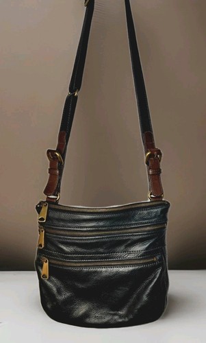 FOSSIL X'CLEAN, Adjustable Crossbody, Black/Brown Trim Leather, Bag, Purse NICE